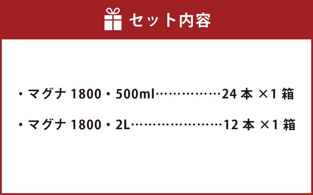 【2個口】 硬水ミネラルウォーター マグナ1800 お出かけ＆ご自宅セット （500ml×24本、2L×12本） 計2箱