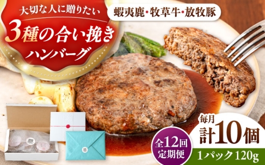 【全12回定期便】【蝦夷鹿×牧草牛×放牧豚】ハンバーグ 10個《厚真町》【GOODGOOD株式会社】 ハンバーグ ギフト 鹿肉 牛肉 豚肉 ジビエ 小分け 冷凍配送 贈り物 プレゼント 北海道 [AXBP033]