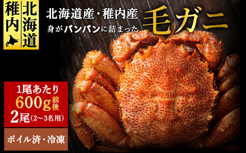 
            ＜ボイル済み急速冷凍＞身がパンパンに詰まった稚内産毛ガニ600g前後×2尾(合計1.1キロ以上)
          