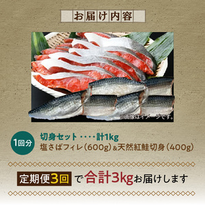 G60-T53_【定期便　全3回】人気の2種塩さば＆紅鮭切り身セット計3kg (1kg × 3回)