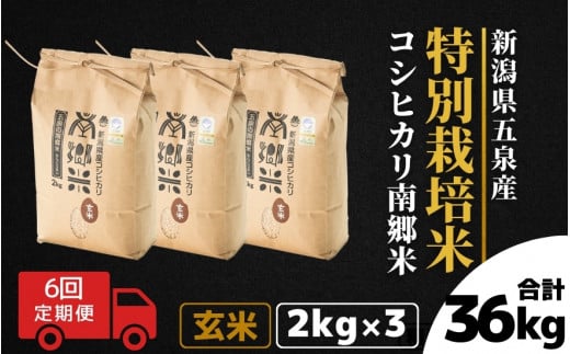 令和7年産 新米 【 定期便 6ヶ月 】 玄米 6kg ( 2kg × 3袋 ) × 6回 五泉産 コシヒカリ 南郷米 特別栽培米 | げんまい こしひかり お米 おこめ コメ こめ 新潟県 五泉市 ファームみなみの郷