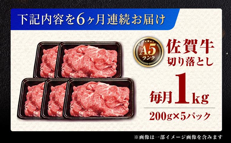【全6回定期便】＜ワンランク上の切り落とし＞佐賀牛 A5 ランク切り落とし 1kg（200g×5） 吉野ヶ里町 /meat shop FUKU 黒毛和牛 国産 佐賀県産 A5等級 [FCX009]