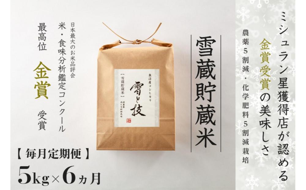 【令和8年産 新米 先行予約】定期便 5kg ×6ヶ月 雪蔵貯蔵米 金賞受賞 魚沼産コシヒカリ 雪と技 農薬5割減・化学肥料5割減栽培 藤ノ木株式会社 127540-061