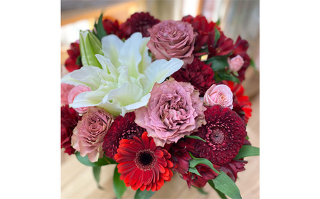 No.491 （レッド系）Lサイズ 癒し生活！季節のおまかせフラワーアレンジメント