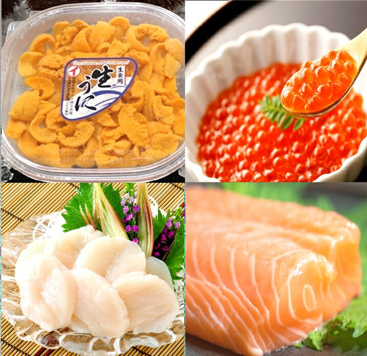 【ふるさと納税】エゾバフンウニ塩水パック100g×1P、いくら醤油漬け(鱒卵)100g×1P、お刺身ホタテ貝柱300g×1P、お刺身サーモン300g～500g(1～3本)[11月下旬以降発送] E-40034