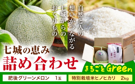七城の恵み 詰め合わせ まるごとGreen 特別栽培米 ヒノヒカリ 2kg 肥後グリーン メロン 1玉 株式会社七城の恵み《5月上旬-5月下旬に出荷予定》熊本県 菊池市 米 メロン ひのひかり つるたファーム