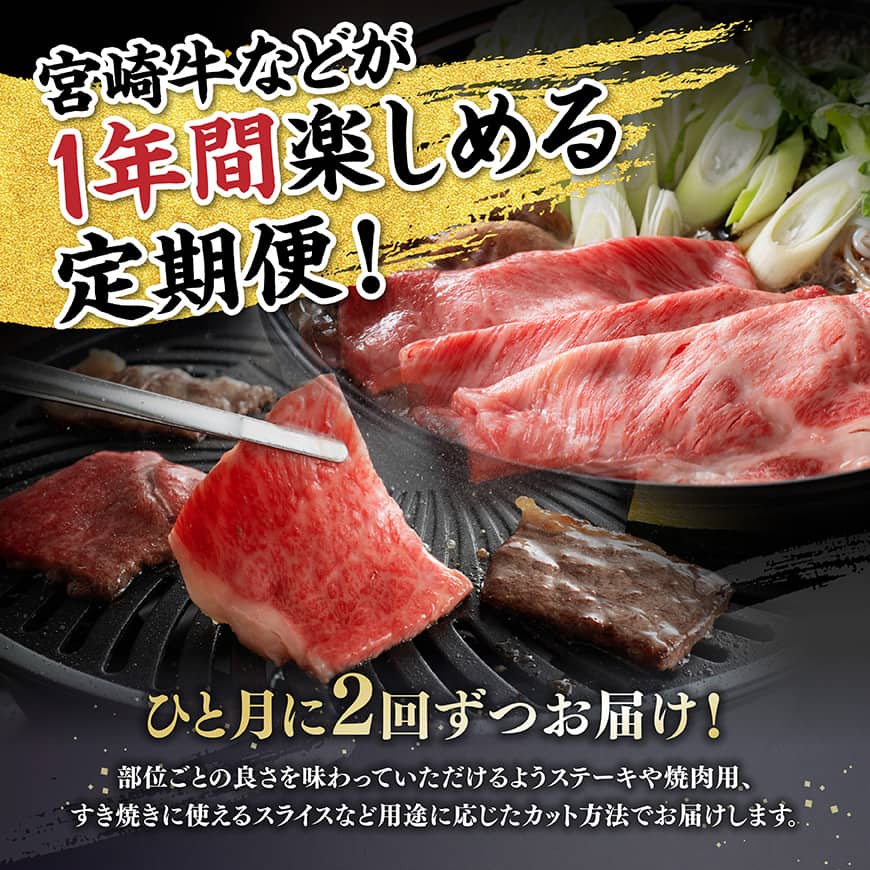 【12ヶ月定期便】1月から1年間！（月2回）宮崎牛食べ比べ12ヶ月24回定期便（2027年1月から12月発送）  【 肉 牛肉 宮崎牛 宮崎県産 九州産 国産 ウデ モモ ロース ヒレ 牛タン すき焼