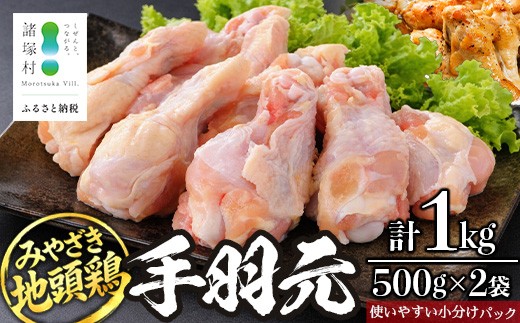 
                  みやざき地頭鶏 手羽元 約1kg（500g×2P）セット 冷凍｜家庭応援 鶏肉 地鶏 手羽元 精肉 焼き鳥 煮物 鍋 チキン じとっこ 真空パック 肉 お肉 小分け パック 興洋開発株式会社 宮崎県 諸塚村 KY-46
                