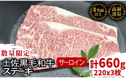 
                  サーロインステーキ 660g ( 220g × 3枚 ) 土佐 黒毛 和牛 | 特撰 サーロイン肉 最上位等級 A4 A5 最高 ランク 贅沢 厚切り ステーキ用 焼肉用 キャンプ飯 国産 牛肉 霜降り肉 焼肉 バーベキュー BBQ 肉 冷凍 お歳暮 ギフト 高知県 須崎市 TM017
                