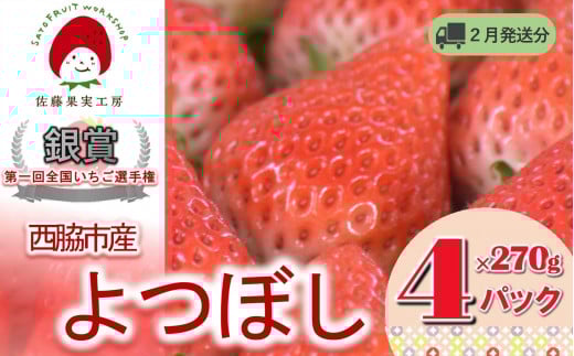 《2026年産先行予約》「西脇市産 佐藤果実工房のよつぼし」（約270g×４パック 約1,080g）【佐藤果実工房 全国いちご選手権銀賞受賞農園 TVで紹介!】令和８年２月中旬配送分（12-42）