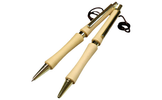 D-1225 ハンドメイドシャープペンシル＆ボールペン（ノック式）イチョウ 2本セット ［金属部分：クローム］