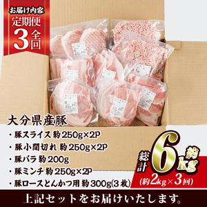 ＜定期便・全3回 (毎月)＞ 豚肉 バラエティーパック (2kg×3回・総量6kg) 豚バラ しゃぶしゃぶ 鍋 とんかつ ロース 小分け 個包装 豚こま 小間切れ スライス ミン 5種 セット 詰め合