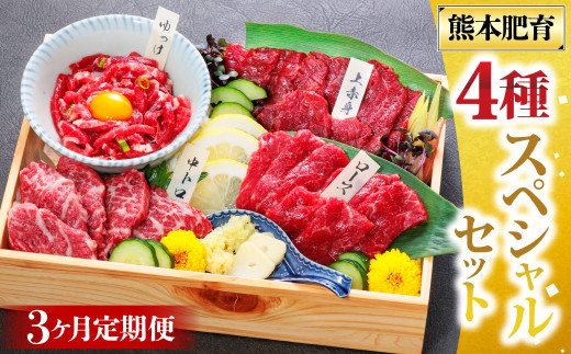 【3ヶ月定期便】国産 馬刺し 4種スペシャルセット 計約200g×3回 約600g 馬肉 お肉 肉 上赤身 霜降り 中トロ ロース ユッケ タレ 醤油 セット 食べ比べ 冷凍 熊本県 湯前町