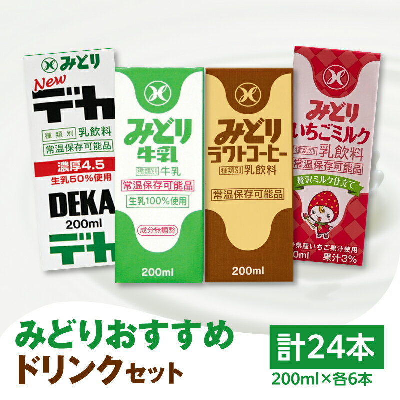 【ふるさと納税】みどりおすすめドリンクセット 200ml×24本 九州乳業 飲み比べ 紙パック みどり牛乳 コーヒー いちごミルク デカ 乳脂肪4.5％ 生乳100％ ミルクコーヒー カフェオレ 珈琲 イチゴ 乳飲料 飲み物 お出かけ 学校給食 常温保存可能 九州産 セット 牛謬I07002