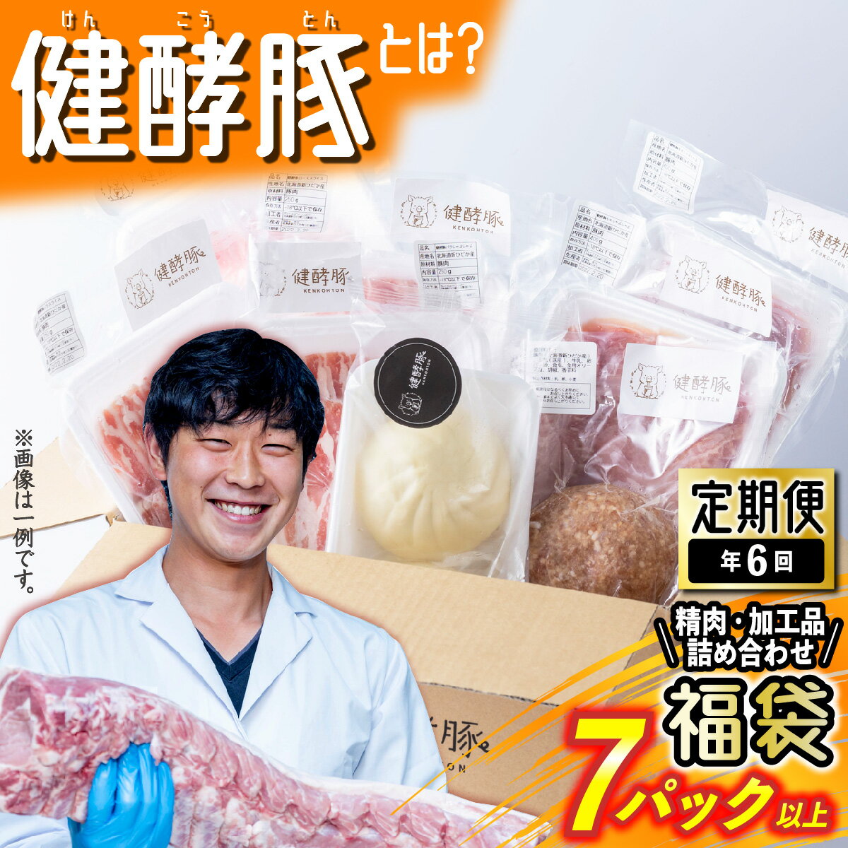 【ふるさと納税】 ＜ 定期便 6回 ＞ 北海道産 健酵豚 お楽しみ 福袋 （ 加工品 あり） 隔月 各 7パック以上 ブランドポーク 精肉と加工品 福袋 7パック 以上 健酵豚 豚肉 詰合せ 詰め合わせ お楽しみ おたのしみ セット 豚 肉 ブランド ポーク 酵素 冷凍 北海道 新ひだか町