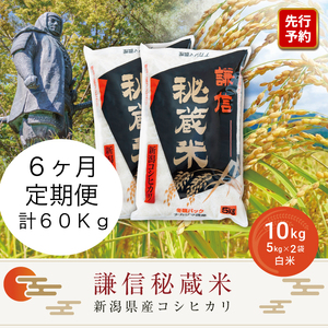 【先行予約｜10月上旬より順次出荷】定期便6ヶ月連続発送（10kg×6回分）10kg 米 新潟県産 コシヒカリ  精白米 謙信秘蔵米  お米  こめ コメ おこめ おすすめ こしひかり 新潟 にいがた 新潟米 上越 上越産 上越米 ふるさと納税 定期便 上杉謙信 人気