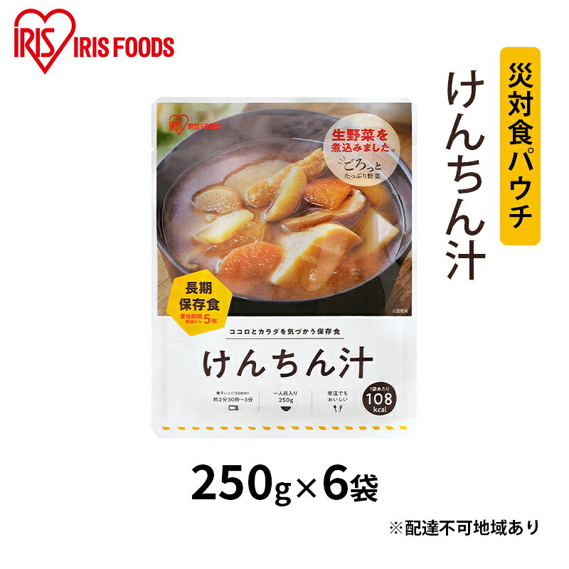 【ふるさと納税】【防災】災対食パウチけんちん汁 250g×6袋 アイリスオーヤマ 惣菜 加工食品 レトルト 保存食 たくさん 野菜 油あげ 麩 煮込み 生野菜 常温 5年 長期保存 可能 非常食 災害時