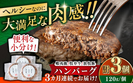 【全3回定期便】 【蝦夷鹿×牧草牛×放牧豚】ハンバーグ 3個 《厚真町》【GOODGOOD株式会社】 ハンバーグ 鹿肉 牛肉 豚肉 小分け 冷凍配送 北海道[AXBP015]