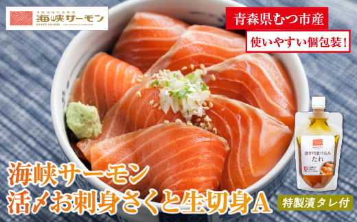 
            【2025年6月中旬発送】活〆海峡サーモン　お刺身さくと生切身A(冷蔵)　特製漬タレ付
          