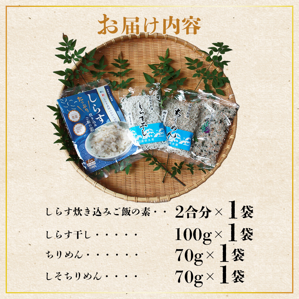 ＜しらす大満足セット 合計4種＞炊き込み 西予市産 ちりめん しらす干し 食べ比べ 健康 詰め合わせ チリメン シラス 魚介 海産物 海鮮 家庭用 贈答用 小分け 国産 特産品 産地直送 濵田水産 愛