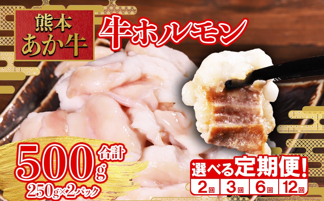 
                  【回数選べる定期便】希少な和牛ホルモン！ 熊本和牛 あか牛 ホルモン 500g (250g×2パック) × 2回 or 3回 or 6回 or 12回 もつ鍋 焼肉 肉 牛肉 もつ コラーゲン 冷凍 小分け 熊本県 水上村
                