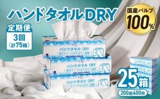 【3回配送/毎月届く定期便】ナクレ ハンドタオルDRY 25個 ペーパー タオル 紙  厚手 ティッシュ キッチン 日用品 消耗品 防災 収納 備蓄 金ケ崎 金ヶ崎