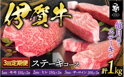 【3回　定期便】伊賀牛ステーキコース1（モモ、ヒレ各150ｇ×2、サーロイン200ｇ×2）【koma-tkb0006】