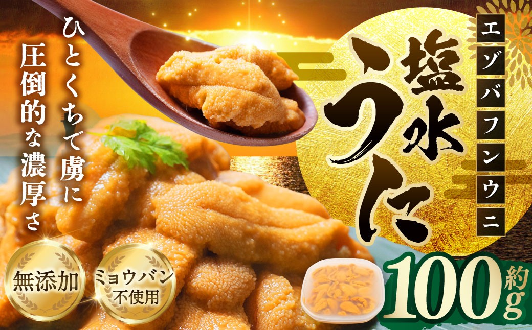 【特選】塩水ウニ 100g（エゾバフンウニ） 【6月中旬(予定)～9月発送不可】 うに ウニ 雲丹 生ウニ 塩水ウニ ミョウバン不使用 海鮮丼 寿司 冷蔵 うに丼 ウニ丼 生鮮食品 おつまみ ご褒美 海鮮 海産物 冷蔵 塩水パック グルメ 釧路市