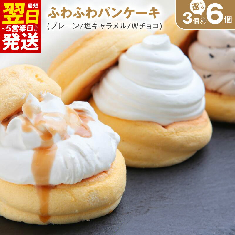 【ふるさと納税】最短翌日発送 パンケーキカフェcafeblowの「ふわふわパンケーキ」3種・6個入 ※ プレーン 塩キャラメル Wチョコ 3種類 急速冷凍 パンケーキ専門店 cafeblow 洋菓子 スイーツ 自慢の生クリーム チョコチップとチョコ生クリーム 5営業日 泉佐野市 送料無料