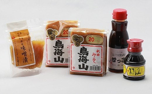 マルイチしょうゆ・味噌醸造元 秋田県産 みそしょうゆギフト(甘っこ200ml、おさしみしょうゆ100ml、みそ500g×2、糸カボチャのみそ漬け1個)