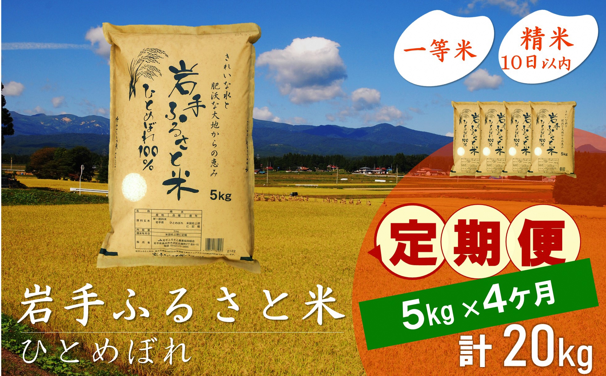 3人に1人がリピーター! ☆全4回定期便☆ 岩手ふるさと米 5kg×4ヶ月 令和6年産 一等米ひとめぼれ 東北有数のお米の産地 岩手県奥州市産【配送時期に関する変更不可】 [U0139]