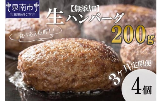 【無添加】食べ応え抜群！ 生ハンバーグ 200g 4個 3ヶ月定期便【087C-012】