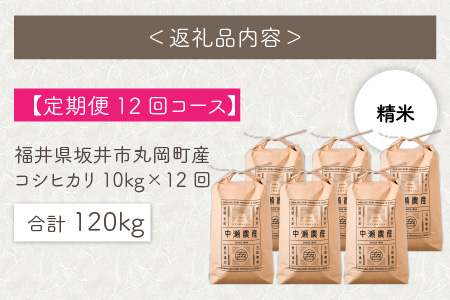 【先行予約】【令和8年産・新米】【12ヶ月定期便】 コシヒカリ10kg×12回 合計120kg（精米）【2026年10月より順次発送予定】 [O-11302_03]