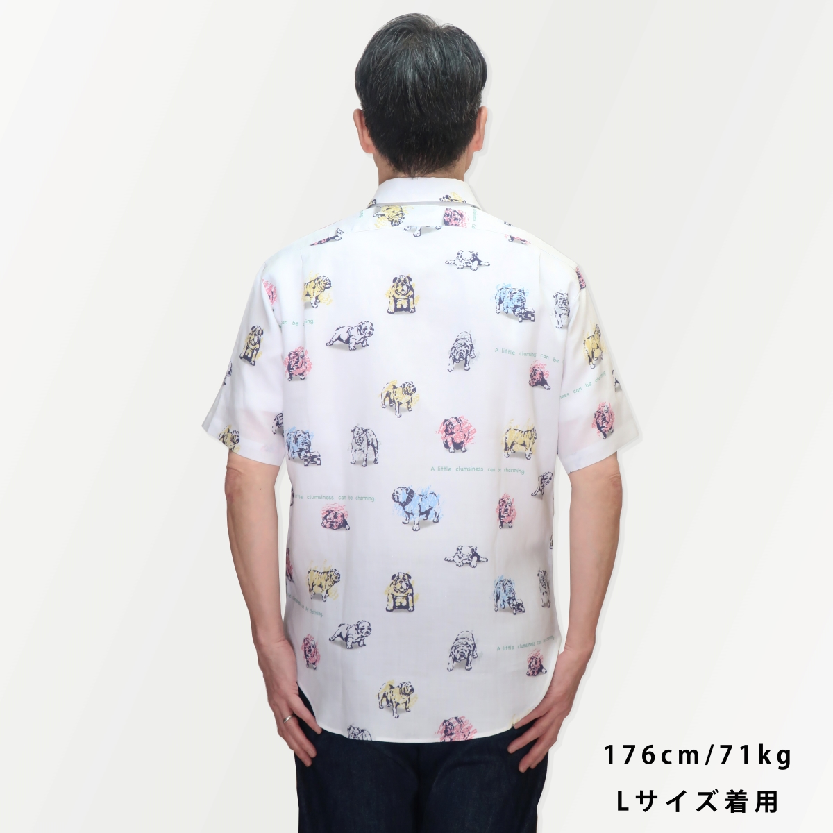 麻100％ブルドック柄プリント半袖シャツ L