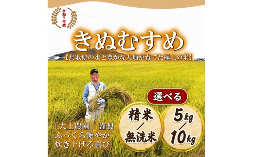
                  ＜選べる＞＜令和7年産＞大上農園のきぬむすめ(精米/無洗米・5～10kg) 【鳥取県 境港市】
                