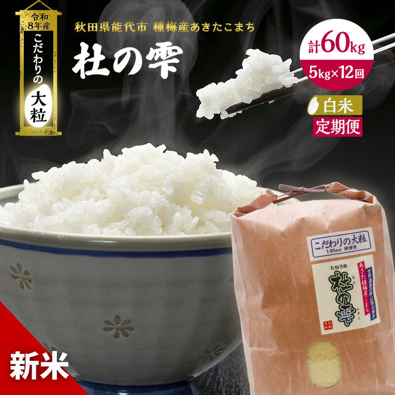 【ふるさと納税】新米 先行予約 令和8年産[白米]【定期便12ヶ月】秋田県産 あきたこまち 5kg×12回 計60kg「杜の雫」こだわりの大粒 種梅産【 お米 おこめ たねうめ 精米 ご飯 ごはん ブランド米 大粒 おにぎり 産地直送 能代 】　お届け：2026年10月中旬以降発送