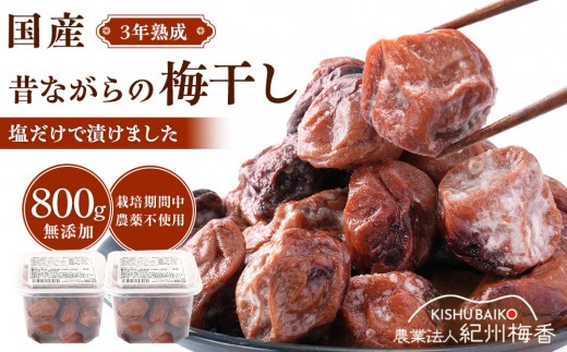 
                  規格外品 無添加 栽培期間中農薬不使用 昔ながらの梅干し 紀州南高梅 塩のみで漬けたすっぱい梅干し 800g（400gパックx2個）塩分約23% 3年熟成品 N20-K ［KU8］
                