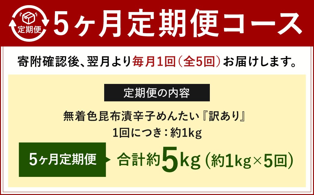 【5カ月定期便】 【訳あり】 無着色 昆布漬辛子めんたい 約1kg×5回 計約5kg
