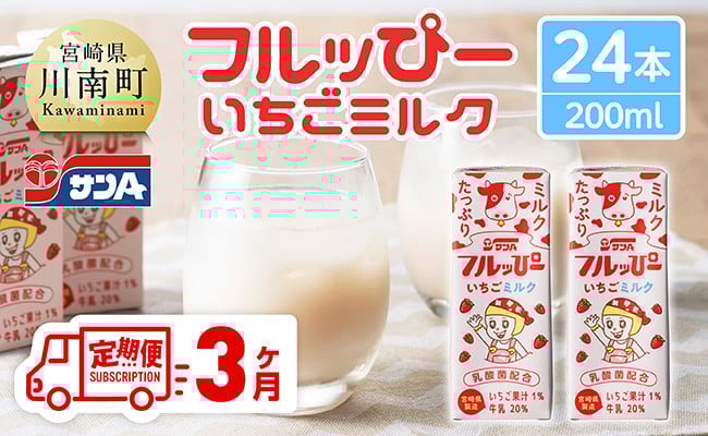 
            【3ヶ月定期便】サンAフルッぴー　いちごミルク200ml 紙パック24本入り 【 飲料 いちご イチゴ 牛乳 ジュース 長期保存 紙パック 備蓄 九州 宮崎県産 川南町 持運び簡単 送料無料 】
          