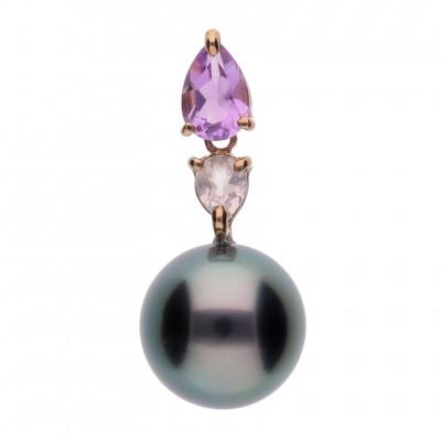 ふるさと納税 神戸市 【桔梗】黒蝶真珠(タヒチパール) アメジスト ローズクォーツ K18ピンクゴールド ペンダントトップ