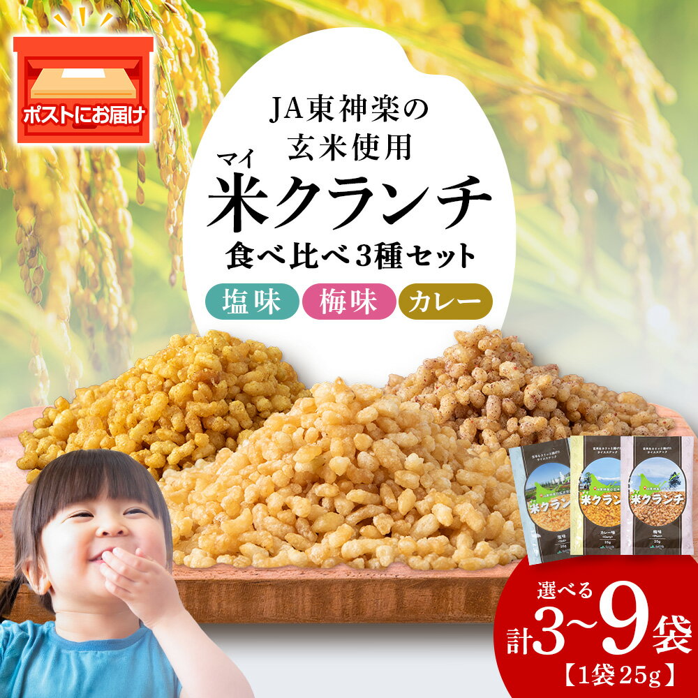 【ふるさと納税】米クランチ《梅味・塩味・カレー味》 各1～3袋セット 選べる計3袋～9袋米菓子 クランチ お菓子 非常食 北海道米 玄米 非常食 おやつ ライススナック ポスト投函 ふるさと納税 北海道 東神楽 【N022】