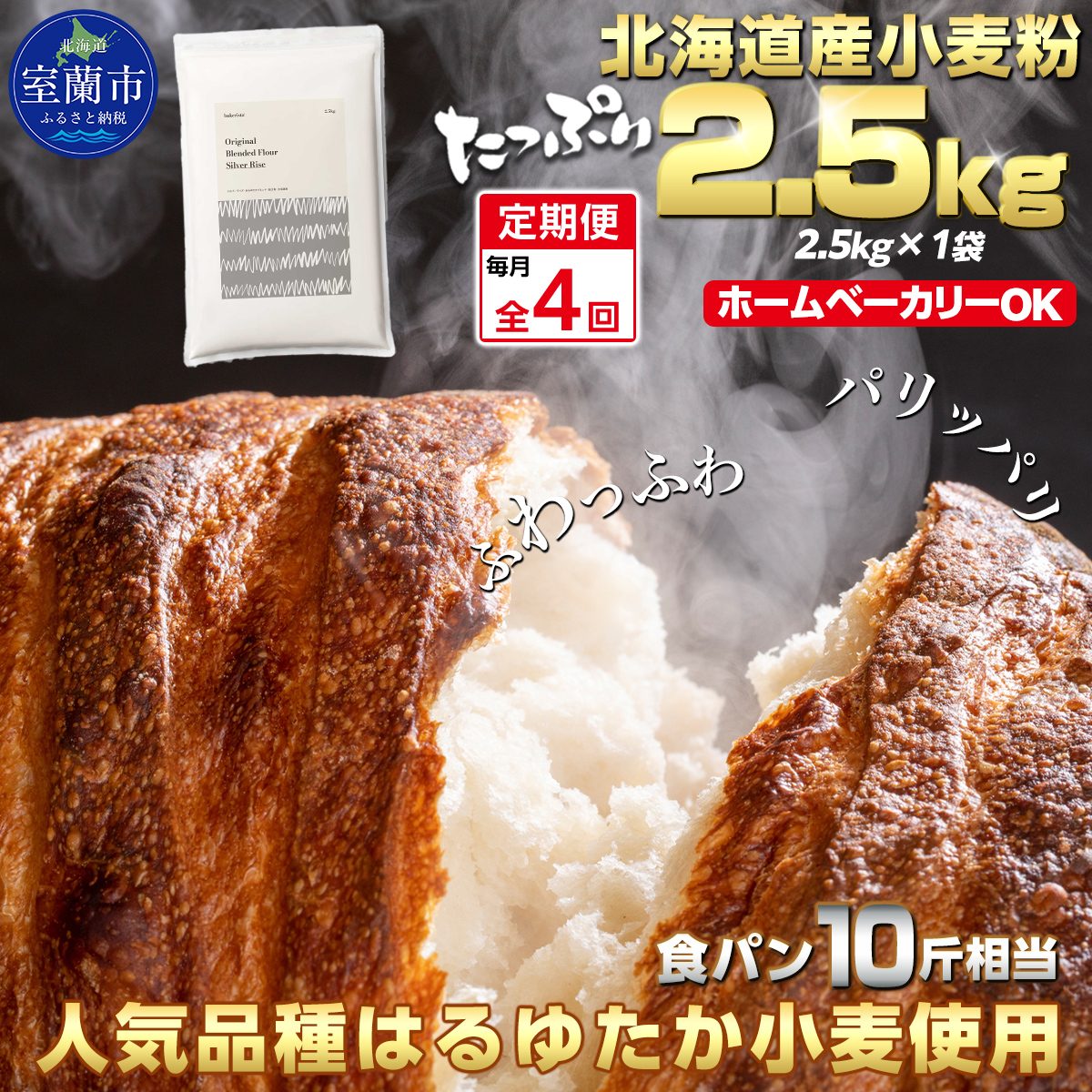 【毎月定期便】北海道産 はるゆたかブレンド小麦粉 シルバーライズ（パン用強力粉）2.5kg 全4回   MROBI026