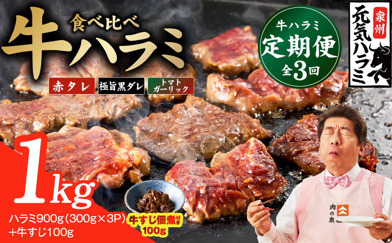 G4753 【食べ比べ定期便】牛ハラミ 1kg×全3回【牛肉 はらみ 小分け 焼肉 お弁当 BBQ 訳あり ワケアリ わけあり サイズ不揃い 規格外 TVで話題】