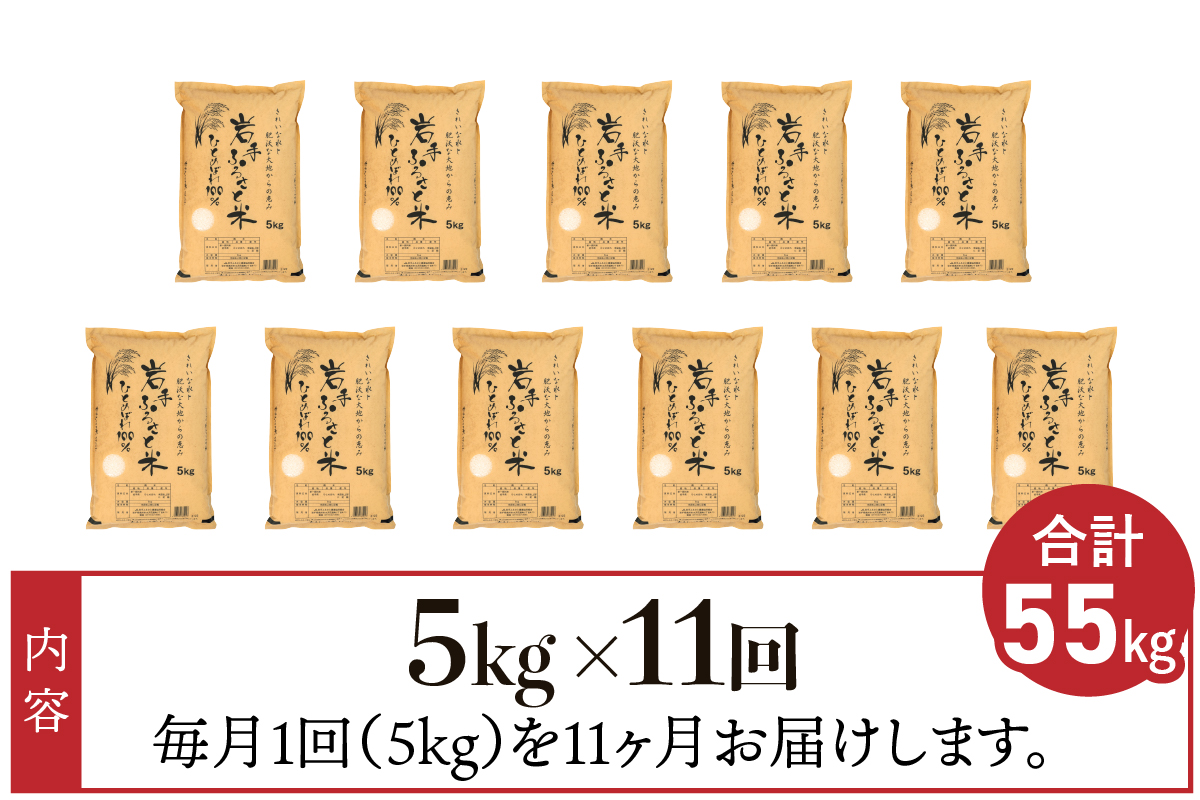 3人に1人がリピーター!☆全11回定期便☆ 岩手ふるさと米 5kg×11ヶ月（計55kg） 令和7年産 一等米ひとめぼれ 東北有数のお米の産地 岩手県奥州市産【配送時期に関する変更不可】 [U0146