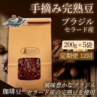 ふるさと納税 福島市 【12回定期便】珈琲 手摘み完熟豆 ブラジル・セラード産 200g×5袋No.3288