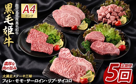 
                  【全５回定期便】 大満足 ステーキ 三昧 定期便 (Meat you/IBZ029-001)  黒毛 姫牛 A4ランク リブロース サーロイン フィレ モモ サイコロステーキ 国産 和牛 牛肉 黒毛和牛
                