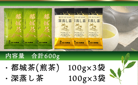 都城茶(煎茶)&深蒸し茶600g_AA-4003_(都城市) 丸勝園 都城茶(煎茶) 100g×3袋 深蒸し茶 100g×3袋 お茶 茶葉