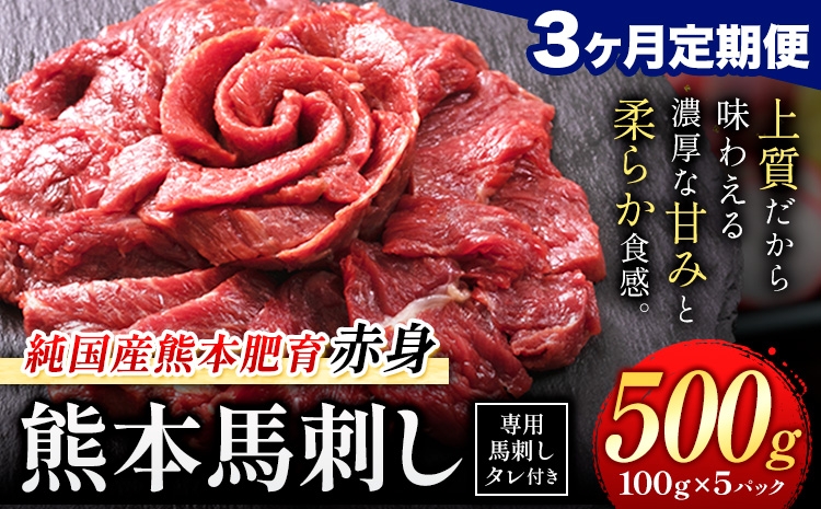
                  【3ヶ月定期便】赤身馬刺し 500g【純国産熊本肥育】生食用 冷凍 専用馬刺しタレ付き《お申込み翌月から出荷》熊本県 南関町 馬刺し 赤身
                