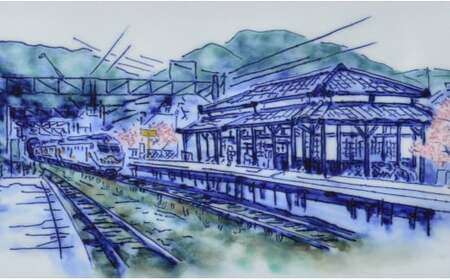 有田焼 線刻陶額「桜の咲く頃～上有田駅の春～」【聡窯 辻聡彦】陶磁器 風景画 絵画 陶画 インテリア アート ギフト ao010