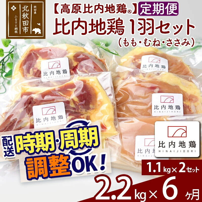 【ふるさと納税】《定期便6ヶ月》 高原比内地鶏 正肉 1羽分×2セット もも肉 むね肉 ササミ 2.2kg(1.1kg×2セット)×6回 計13.2kg 時期選べる お届け周期調整可能 小分け 個包装 国産 冷凍 鶏肉 鳥肉 とり肉 モモ肉 6か月 6ヵ